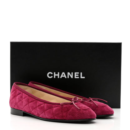 Chanel Suede Calfskin Quilted Cap Toe CC Ballerina Flats 37 Dark Pink 9 of 9
