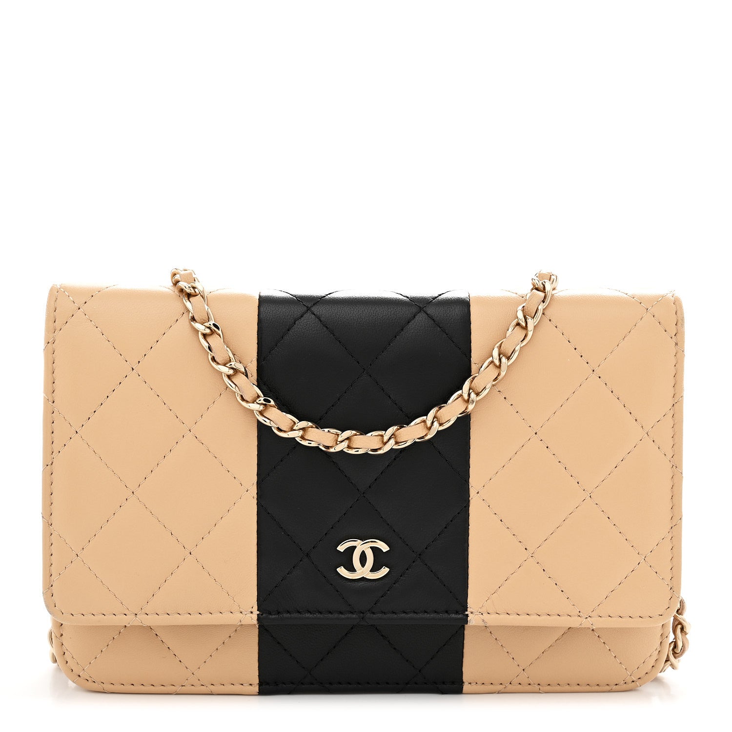 Chanel Lambskin Quilted Wallet On Chain WOC Beige Black 1 of 13