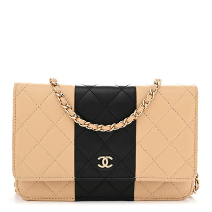 Chanel Lambskin Quilted Wallet On Chain WOC Beige Black 1 of 13