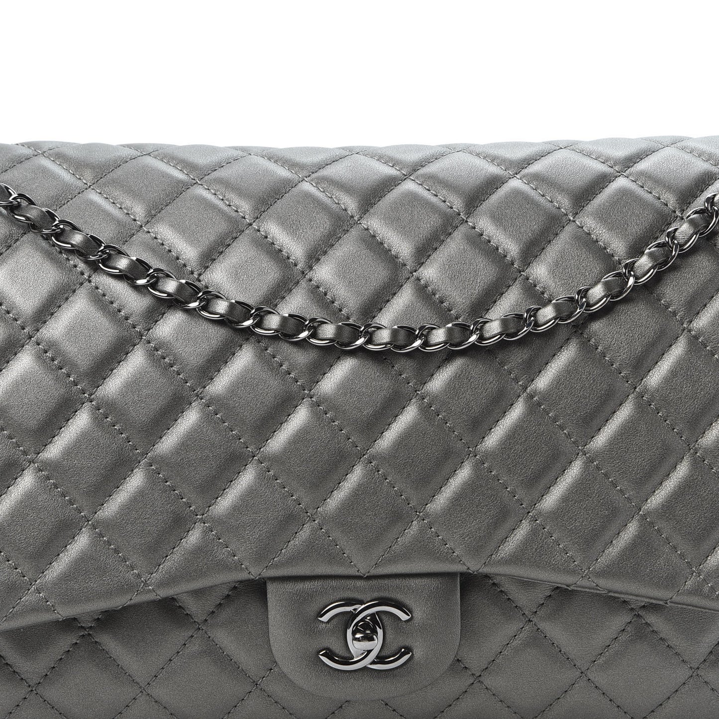 Metallic Calfskin Quilted Small XXL Travel Flap Bag Dark Silver