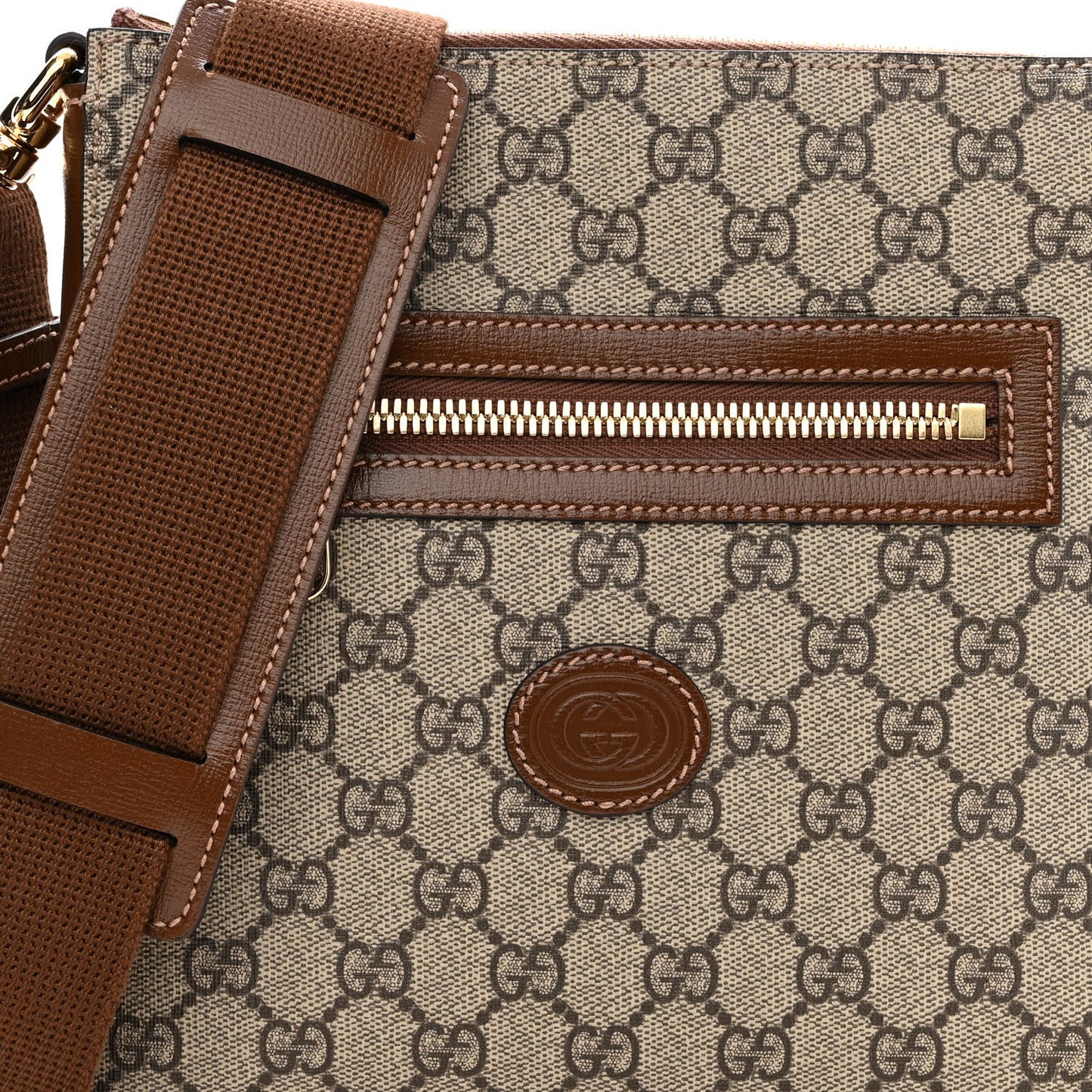 GG Supreme Monogram Azalea Calfskin Retro Interlocking G Flat Messenger Bag Beige Ebony Brown Sugar
