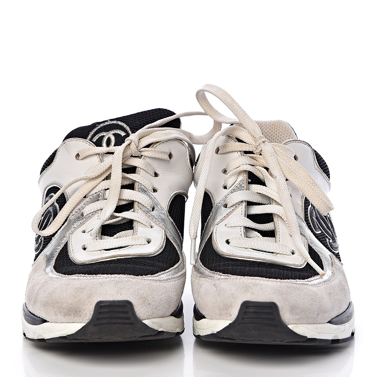 Chanel Suede Calfskin Womens CC Sneakers 37 Black White Silver 2 of 9