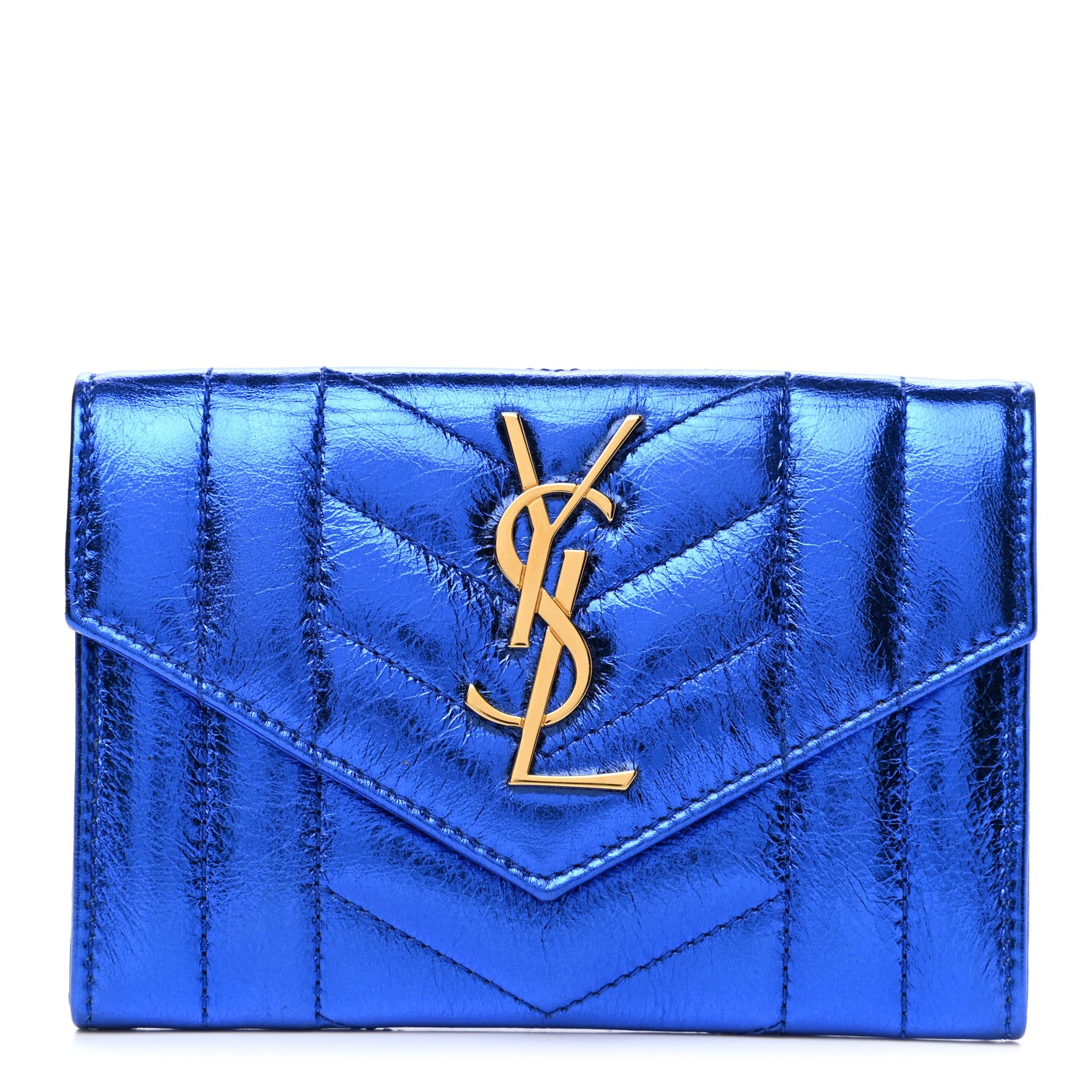Saint Laurent Metallic Goatskin Mixed Matelasse Chevron Small Monogram Envelope Wallet Blue 1 of 7