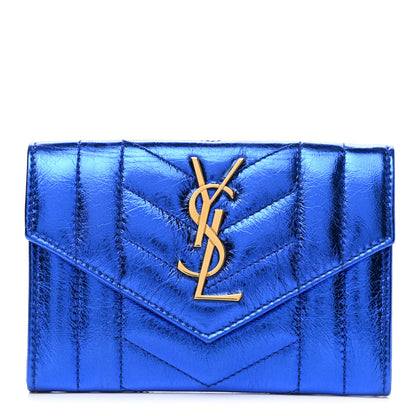 Saint Laurent Metallic Goatskin Mixed Matelasse Chevron Small Monogram Envelope Wallet Blue 1 of 7