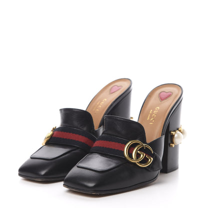 Gucci Malaga Kid Web Pearl Embellished Peyton High Heel Mules 37.5 Black 3 of 12
