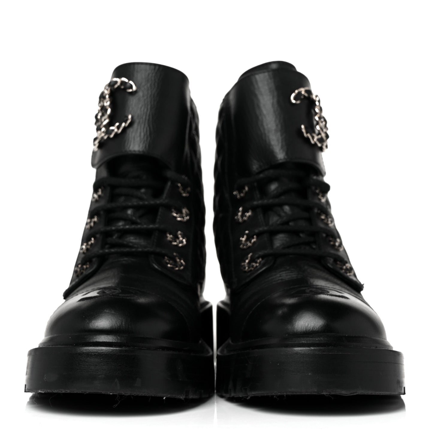 Shiny Goatskin Calfskin Quilted Lace Up Combat Boots 37 Black