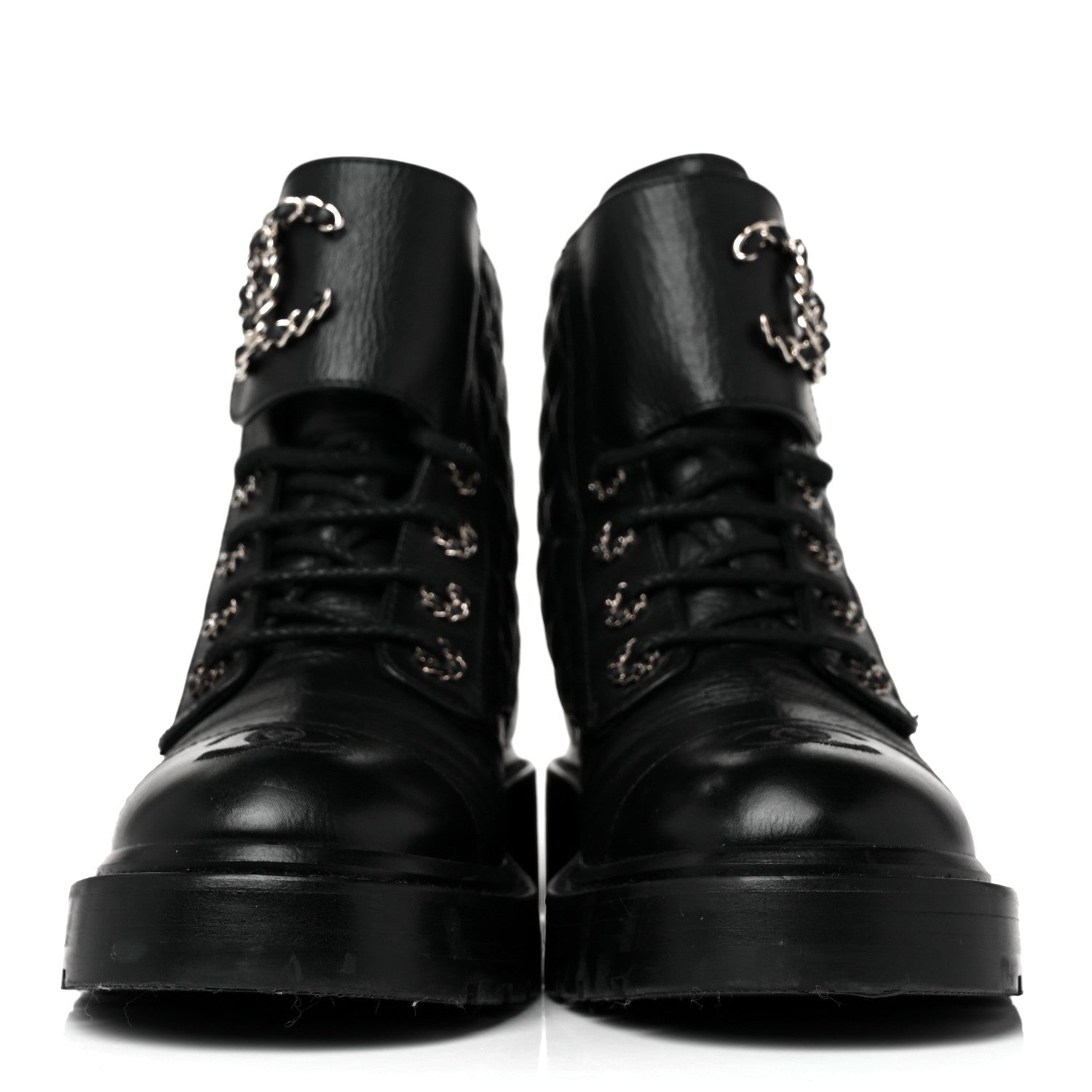 Chanel Shiny Goatskin Calfskin Quilted Lace Up Combat Boots 37 Black 2 of 8