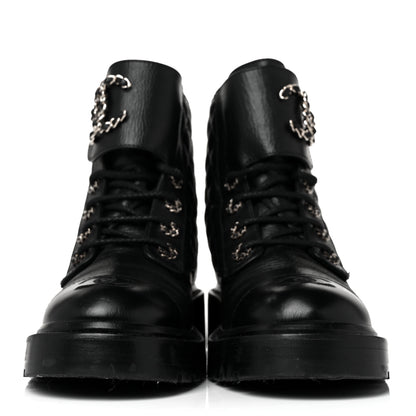 Chanel Shiny Goatskin Calfskin Quilted Lace Up Combat Boots 37 Black 2 of 8