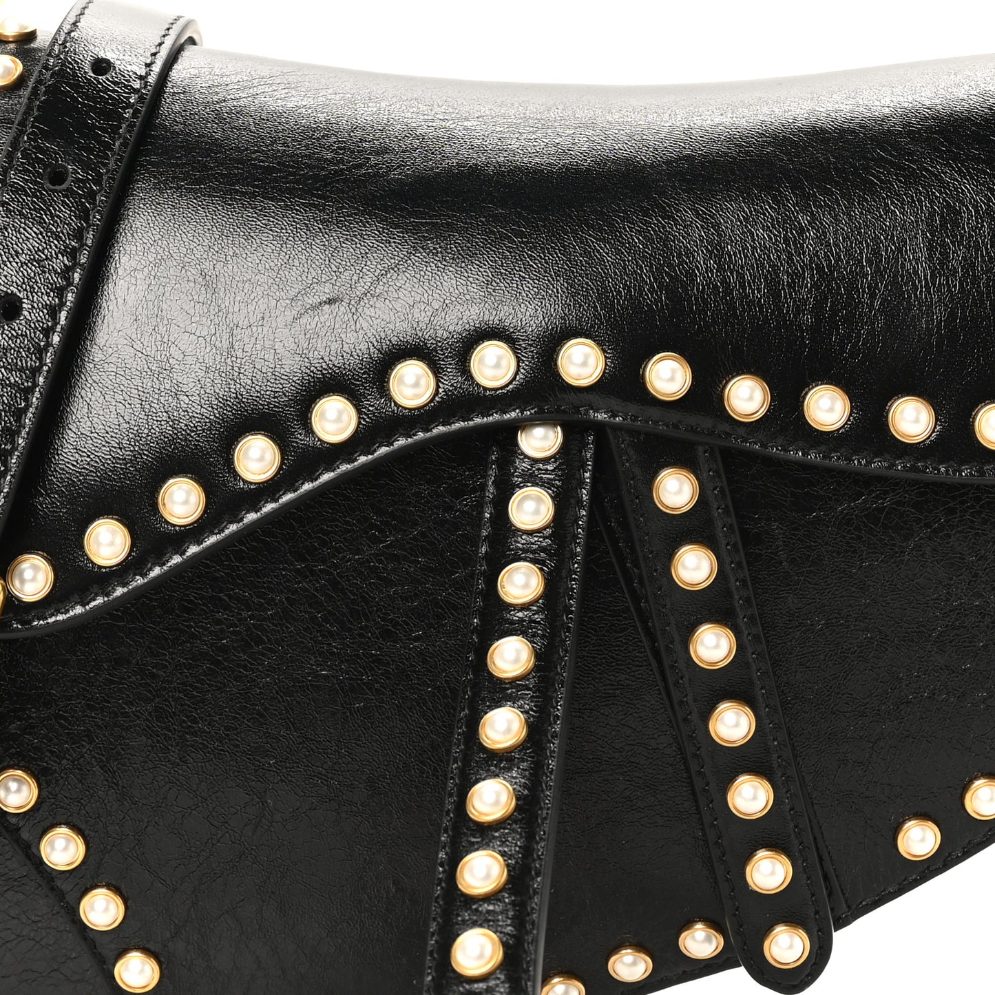 Crinkled Patent Lambskin Studded Saddle Bag With Strap Black