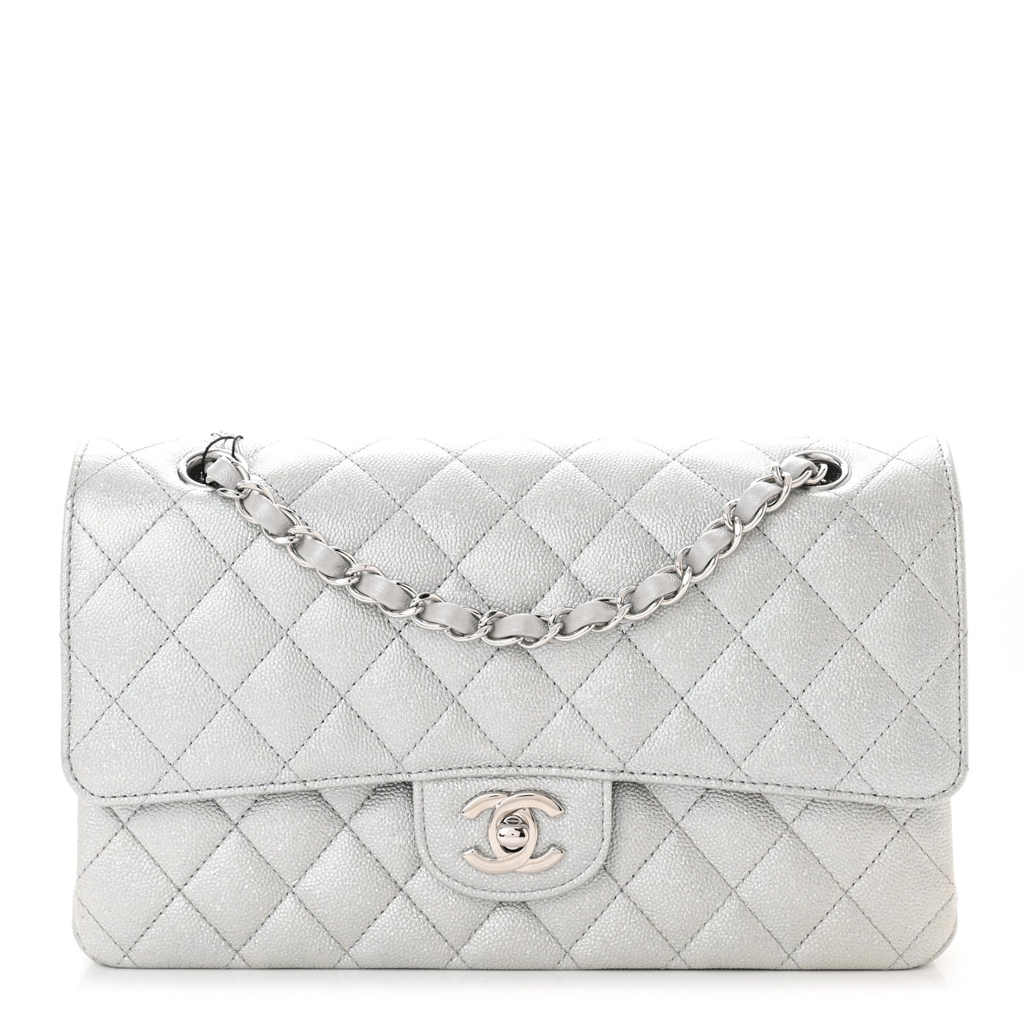 Glittered Metallic Caviar Quilted Medium Double Flap Silver