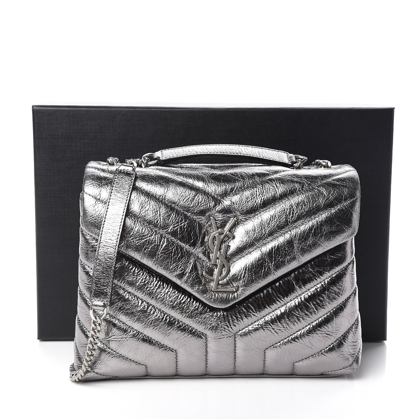 Metallic Calfskin Y Quilted Monogram Small Loulou Chain Satchel Acciaio