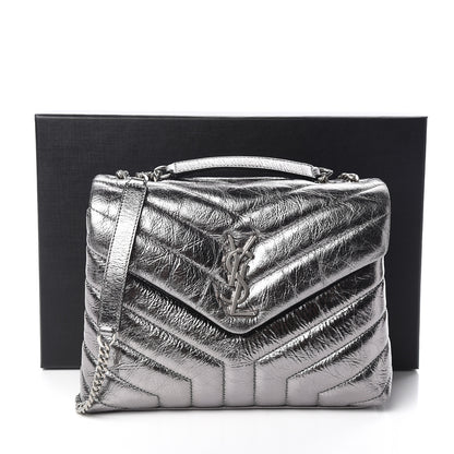 Saint Laurent Metallic Calfskin Y Quilted Monogram Small Loulou Chain Satchel Acciaio 11 of 11