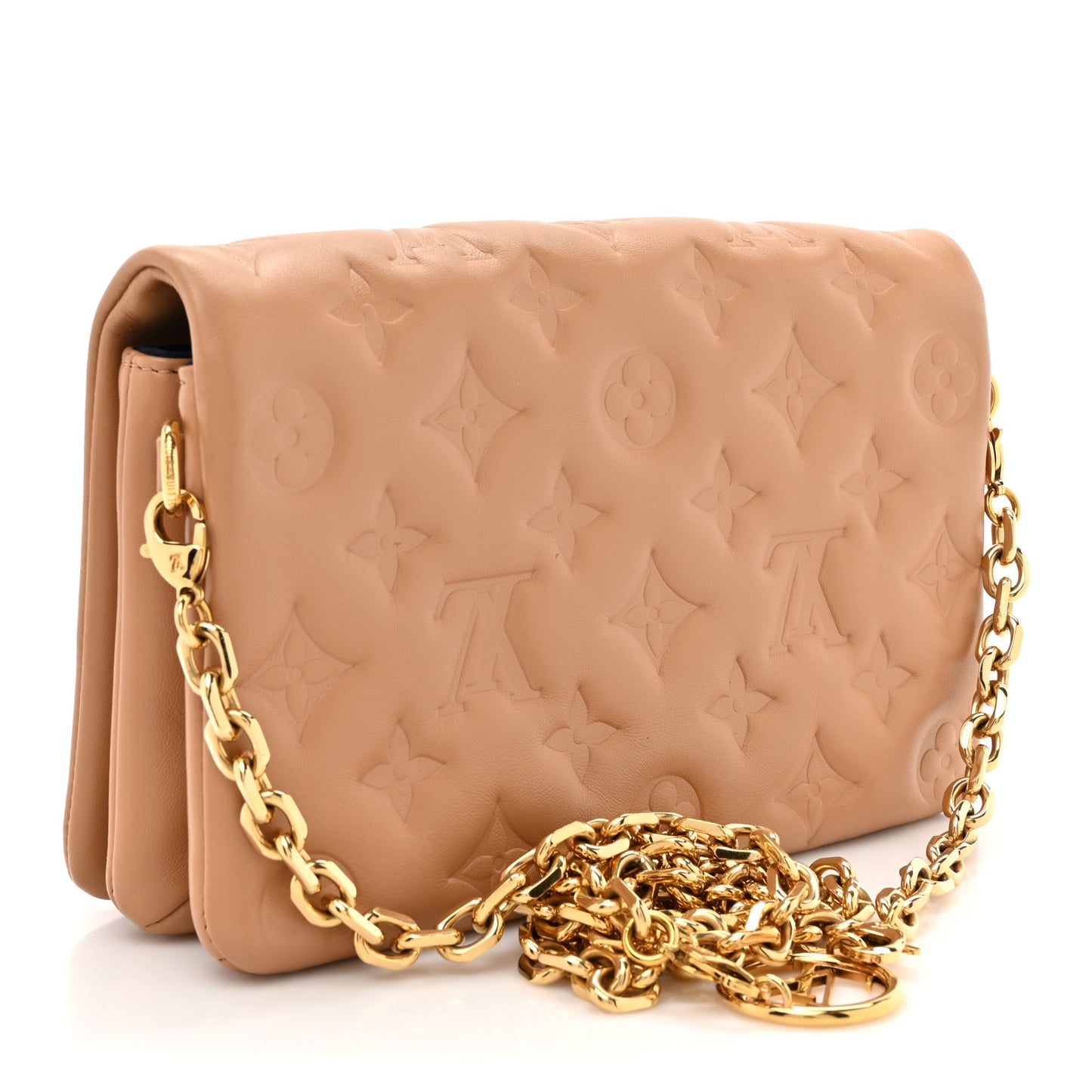 Lambskin Embossed Monogram Pochette Coussin Camel