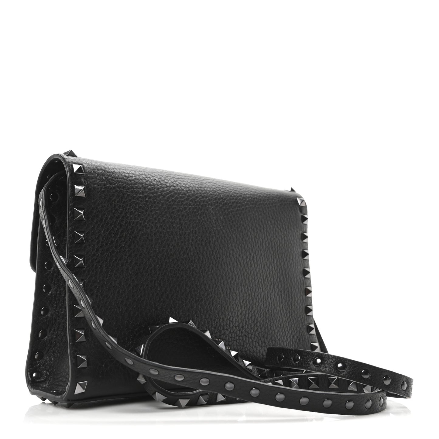 Pebbled Calfskin Monochrome Medium Rockstud Flip Lock Crossbody Bag Black