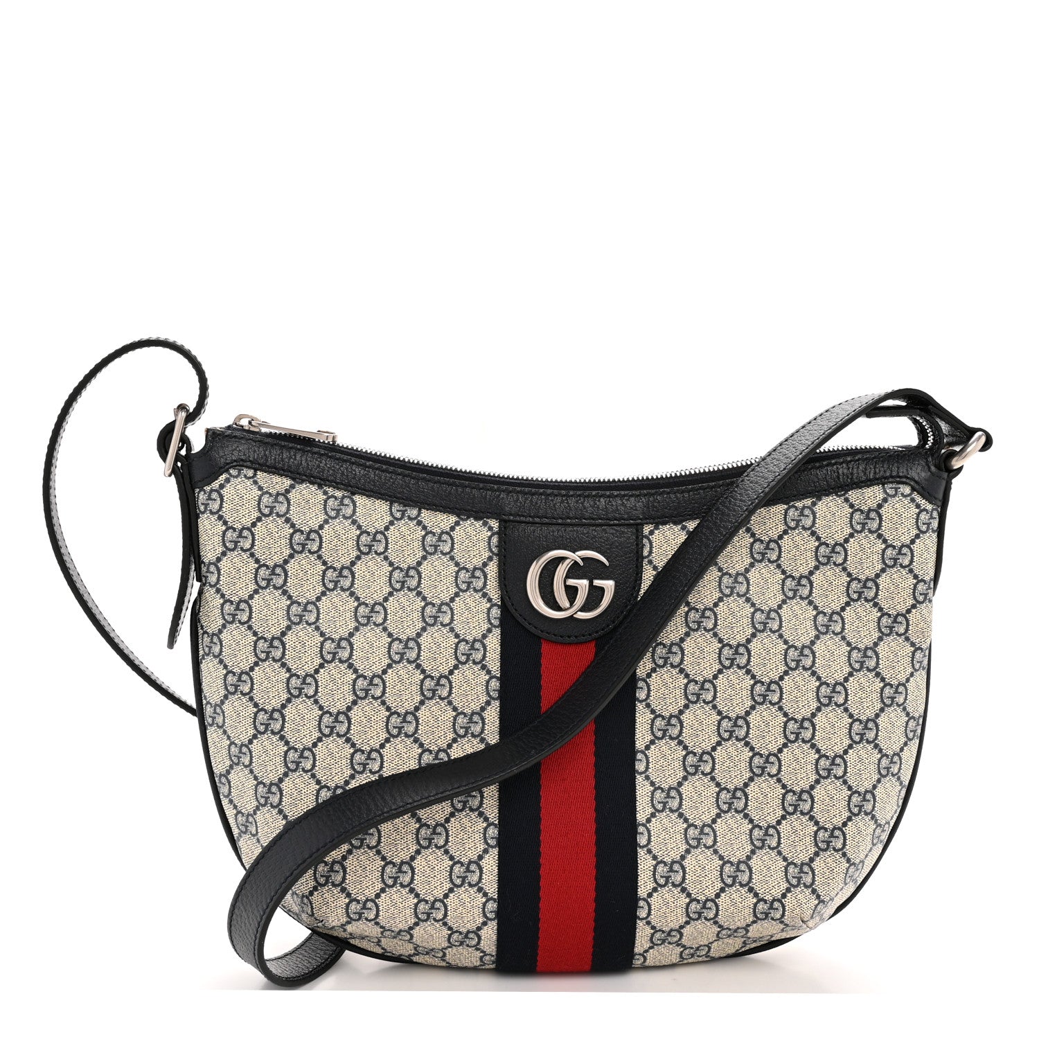 Gucci GG Supreme Monogram Textured Dollar Calfskin Web Small Ophidia Half Moon Hobo Beige Blue 1 of 11