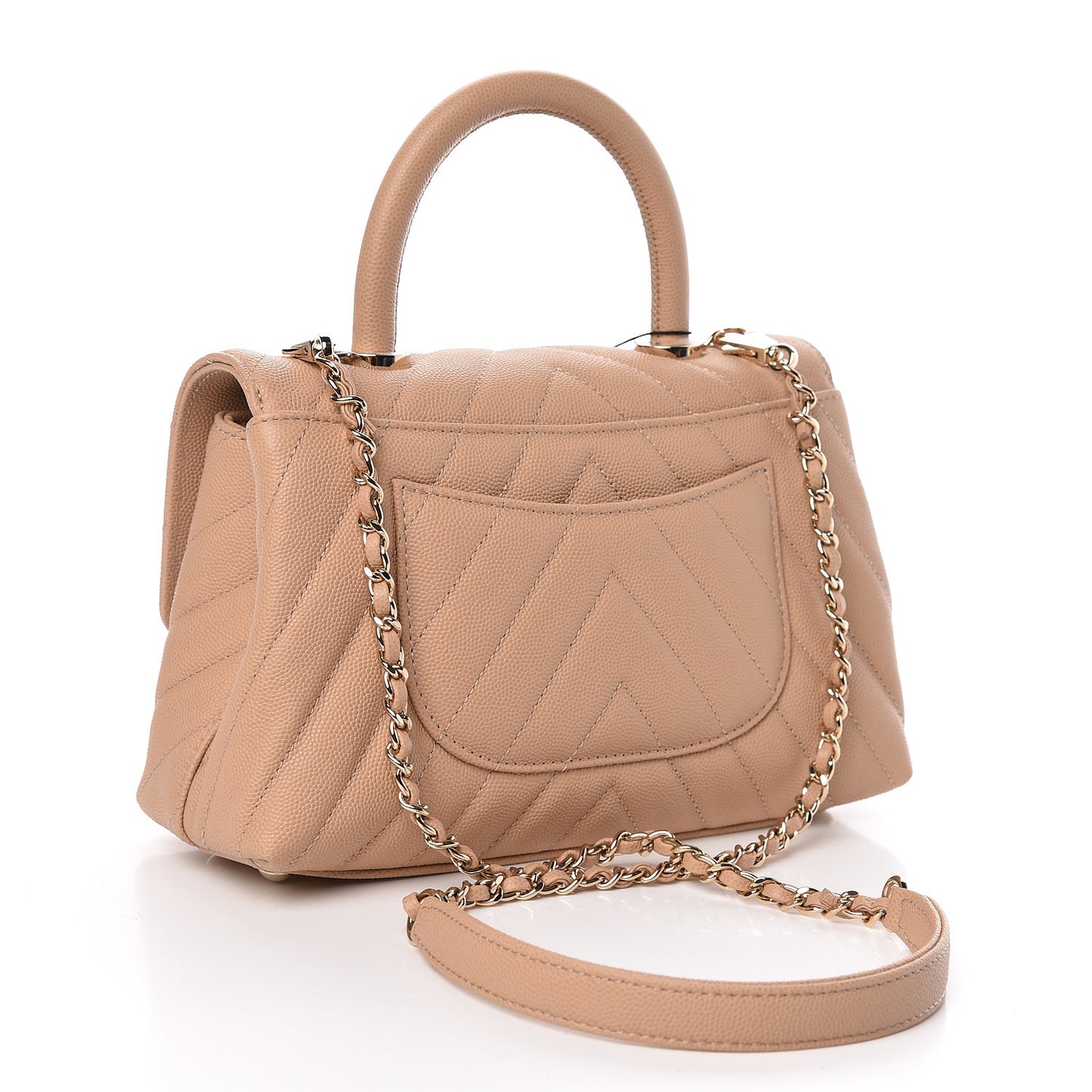 Caviar Chevron Quilted Mini Coco Handle Flap Beige