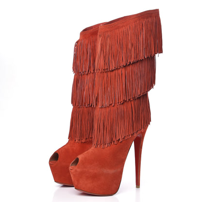 Christian Louboutin Suede Highness Tina Fringe Platform Peep Toe Boots 41 Red Brick 3 of 9