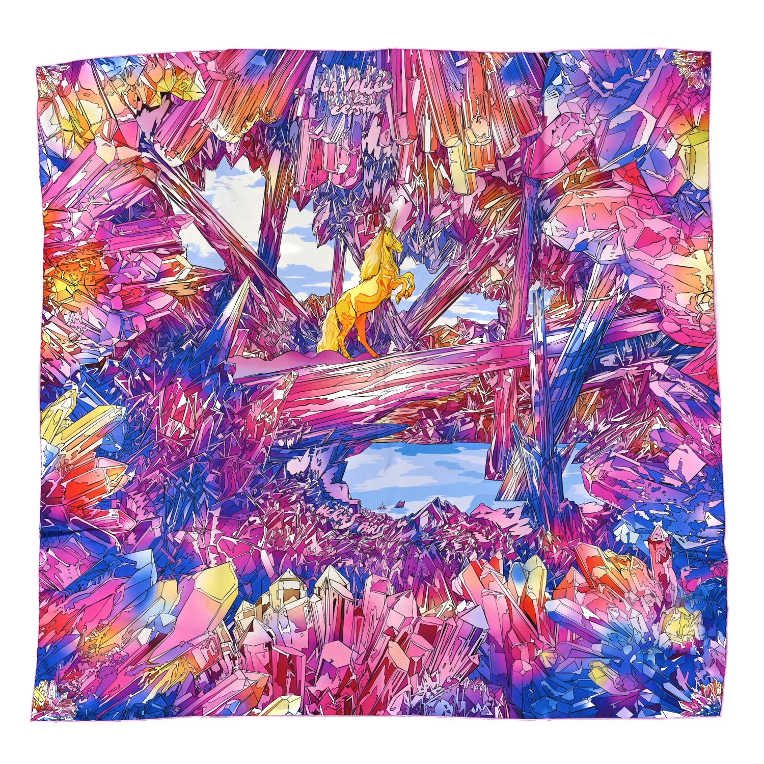 Hermes Silk Twill La Vallee De Cristal Scarf 90 Rose Bleu Jaune 1 of 3