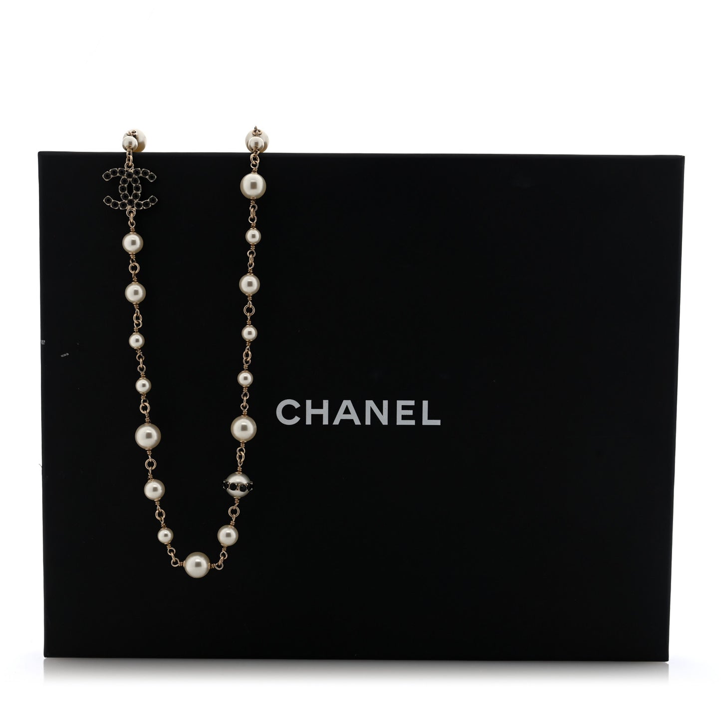 Crystal Pearl CC Long Necklace Gold White Black