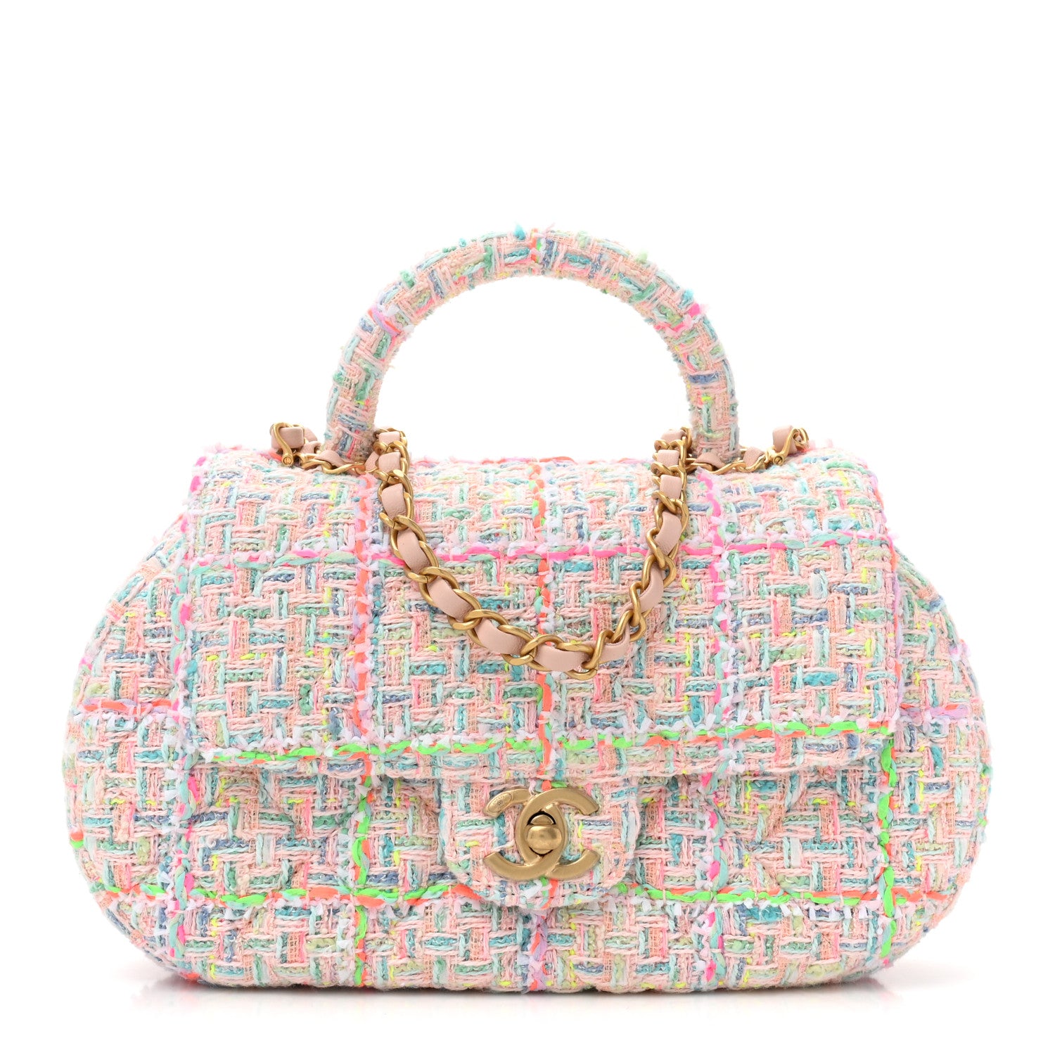Chanel Tweed Quilted Baywatch Top Handle Flap Light Pink Green Orange Purple 1 of 10