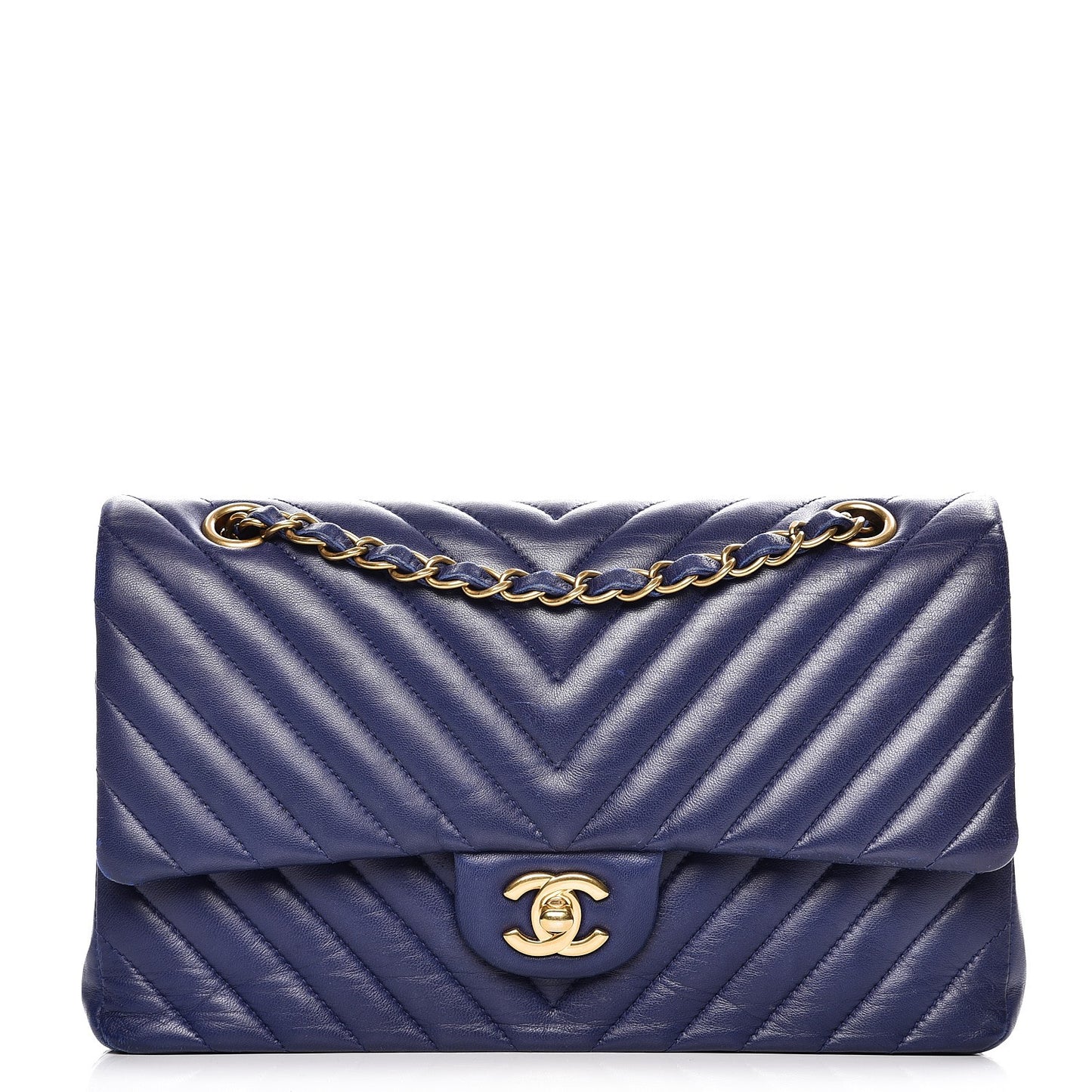 Lambskin Chevron Quilted Medium Double Flap Blue