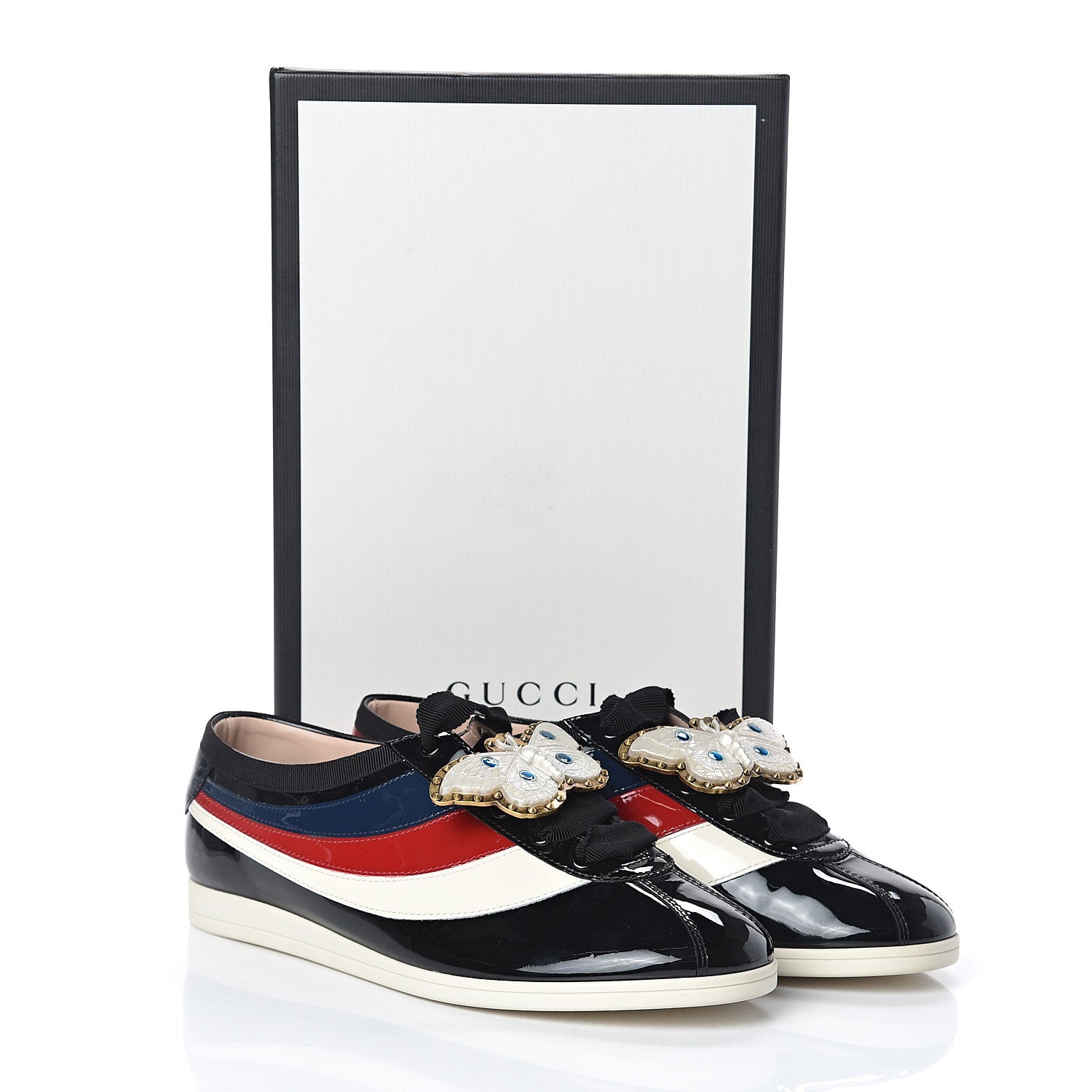 Gucci Patent Calfskin Crystal Womens Web Falacer Sneakers 38 Black 8 of 8