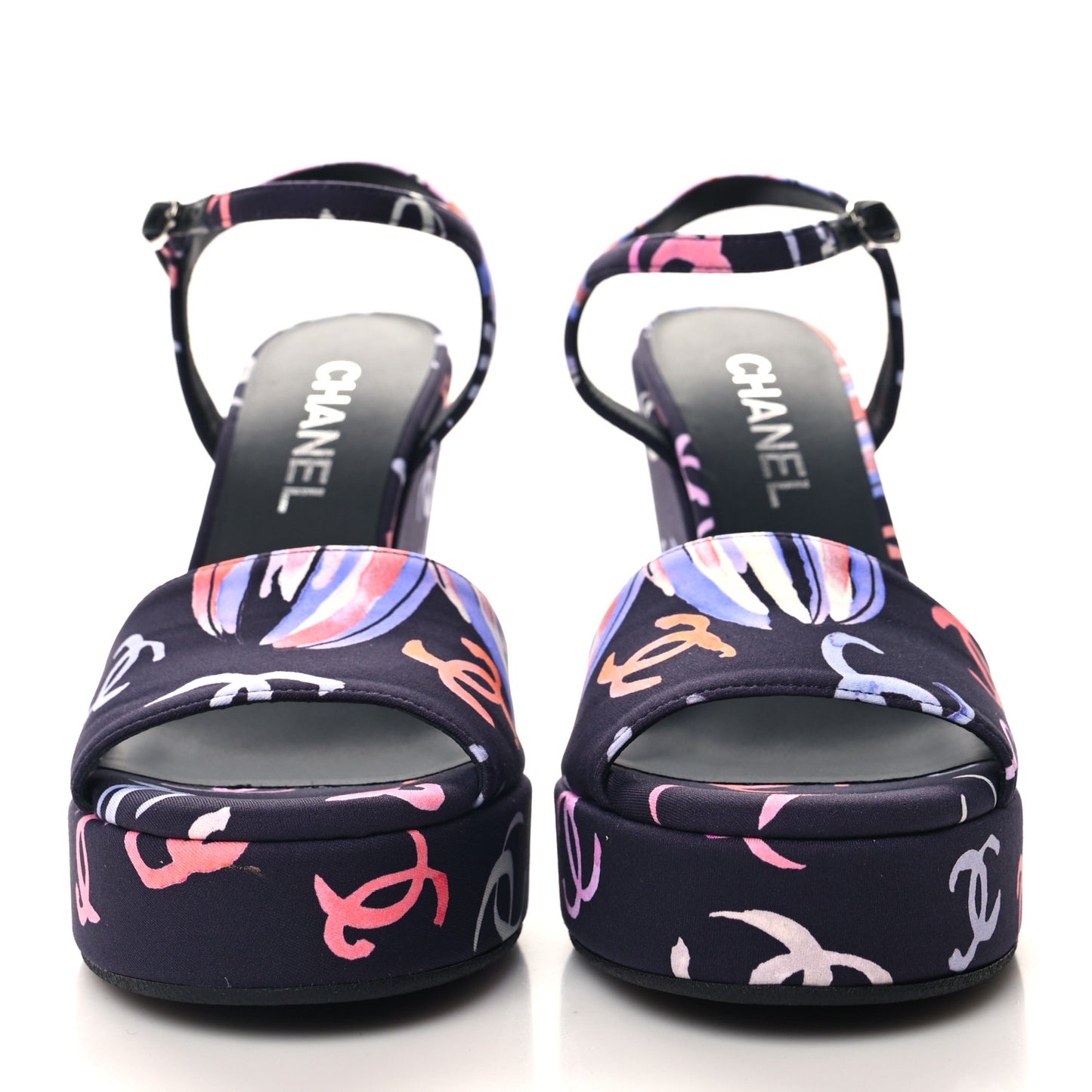 Fabric Printed Crystal Pearl CC Platform Pumps 39 Black Multicolor
