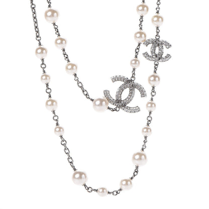 Chanel Pearl Baguette Crystal CC Long Necklace Silver 1 of 4