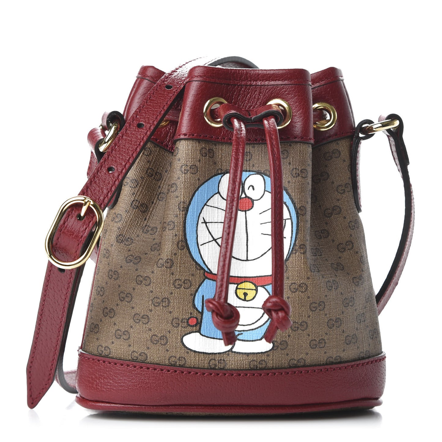 X DORAEMON Mini Vintage GG Supreme Monogram Textured Dollar Calfskin Mini Bucket Bag Beige Ebony Multicolor New Cherry Red