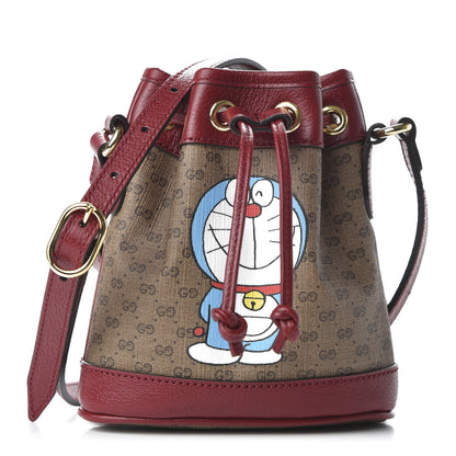 Gucci X DORAEMON Mini Vintage GG Supreme Monogram Textured Dollar Calfskin Mini Bucket Bag Beige Ebony Multicolor New Cherry Red 1 of 9