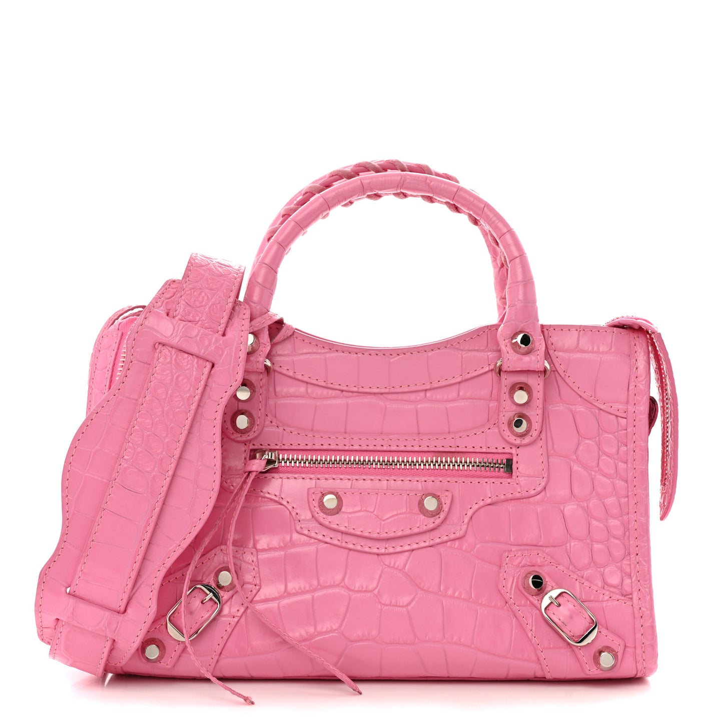 Shiny Supple Calfskin Crocodile Embossed Classic Silver Hardware Mini City Baby Pink