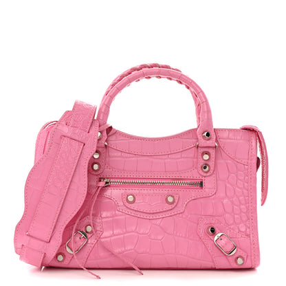 Balenciaga Shiny Supple Calfskin Crocodile Embossed Classic Silver Hardware Mini City Baby Pink 1 of 13