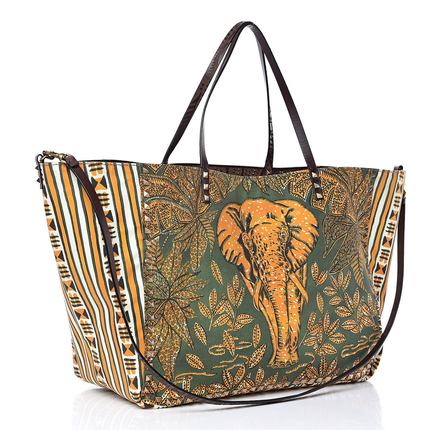 Calfskin Canvas Elephant Embossed Medium Rockstud Reversible Tote Brown