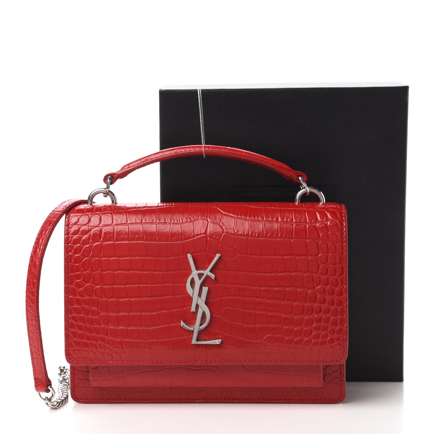 Calfskin Crocodile Embossed Monogram Sunset Chain Wallet New Lipstick Red
