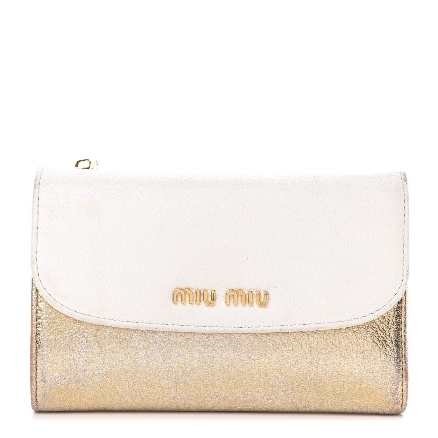 Miu Miu Metallic Goatskin Madras Bi-Color Tri-Fold Flap Wallet White Pyrite 1 of 16