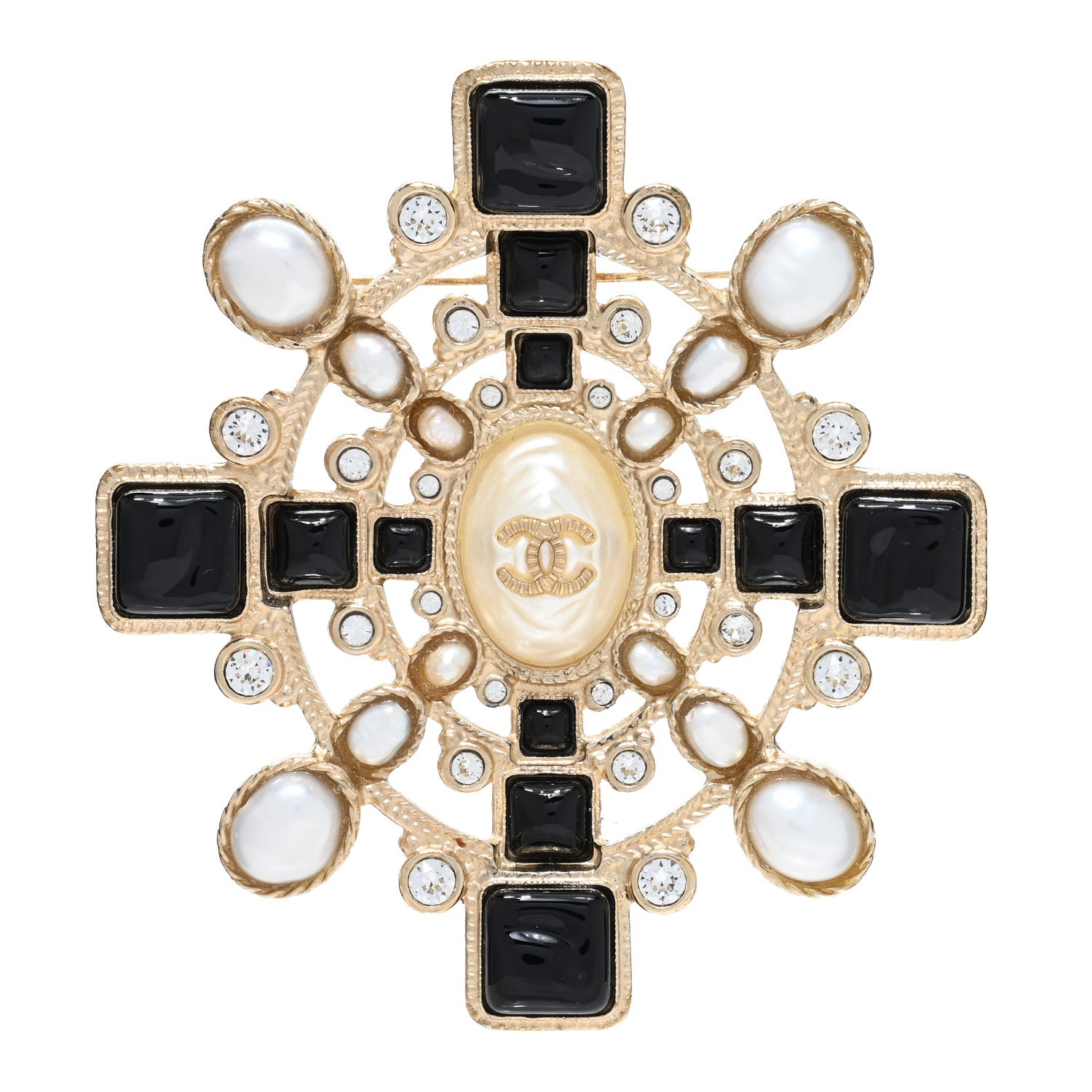 Chanel Metal Resin Gripoix CC Maltese Cross Brooch Gold 1 of 4