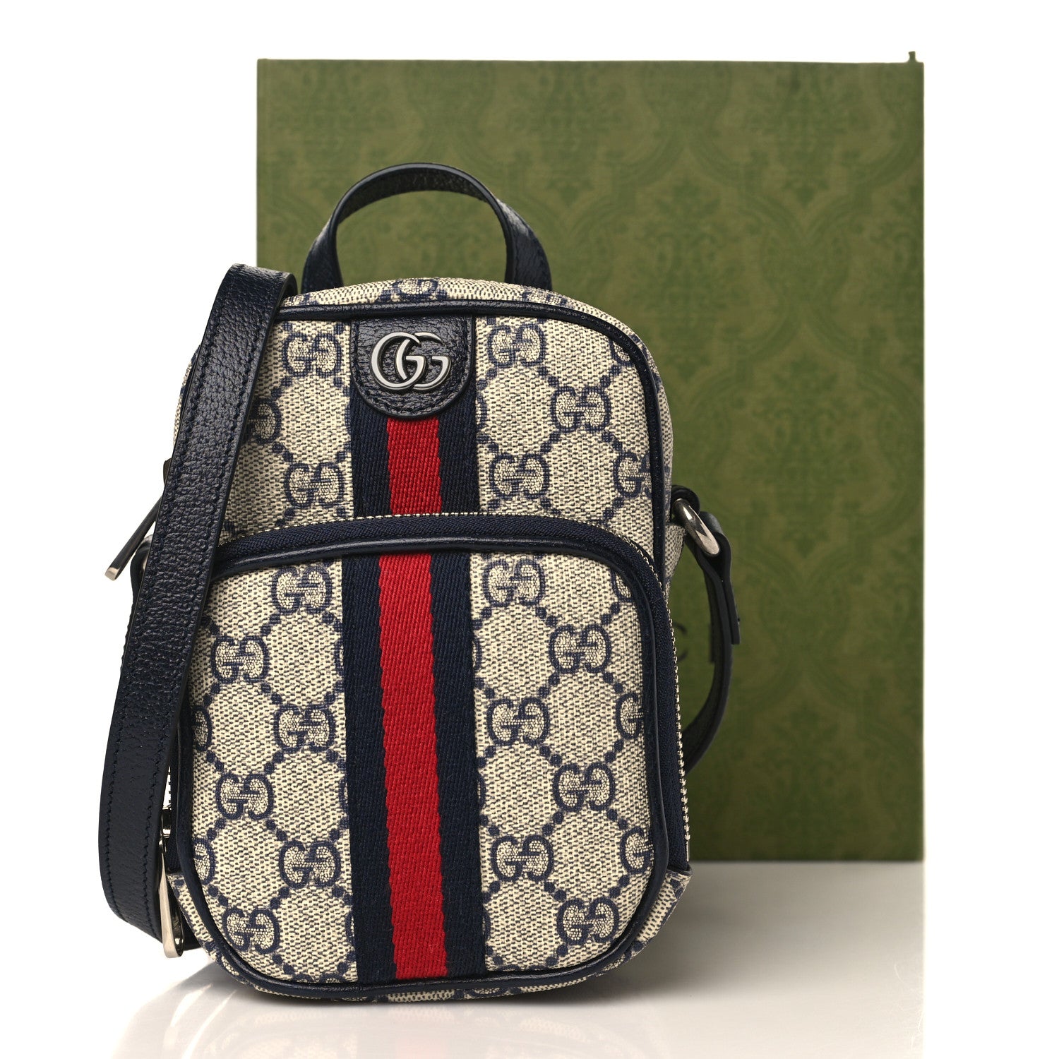 Gucci GG Supreme Monogram Textured Dollar Calfskin Web Mini Ophidia Double Zip Messenger Bag Beige Blue 10 of 10