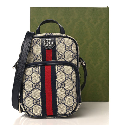 Gucci GG Supreme Monogram Textured Dollar Calfskin Web Mini Ophidia Double Zip Messenger Bag Beige Blue 10 of 10