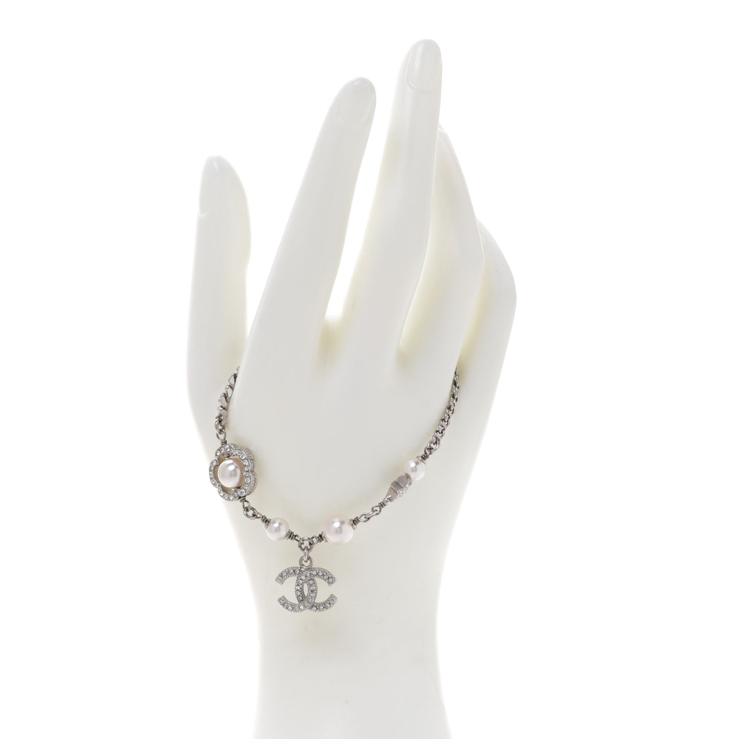 Crystal Pearl Camellia CC Coco Flapper Bracelet Silver