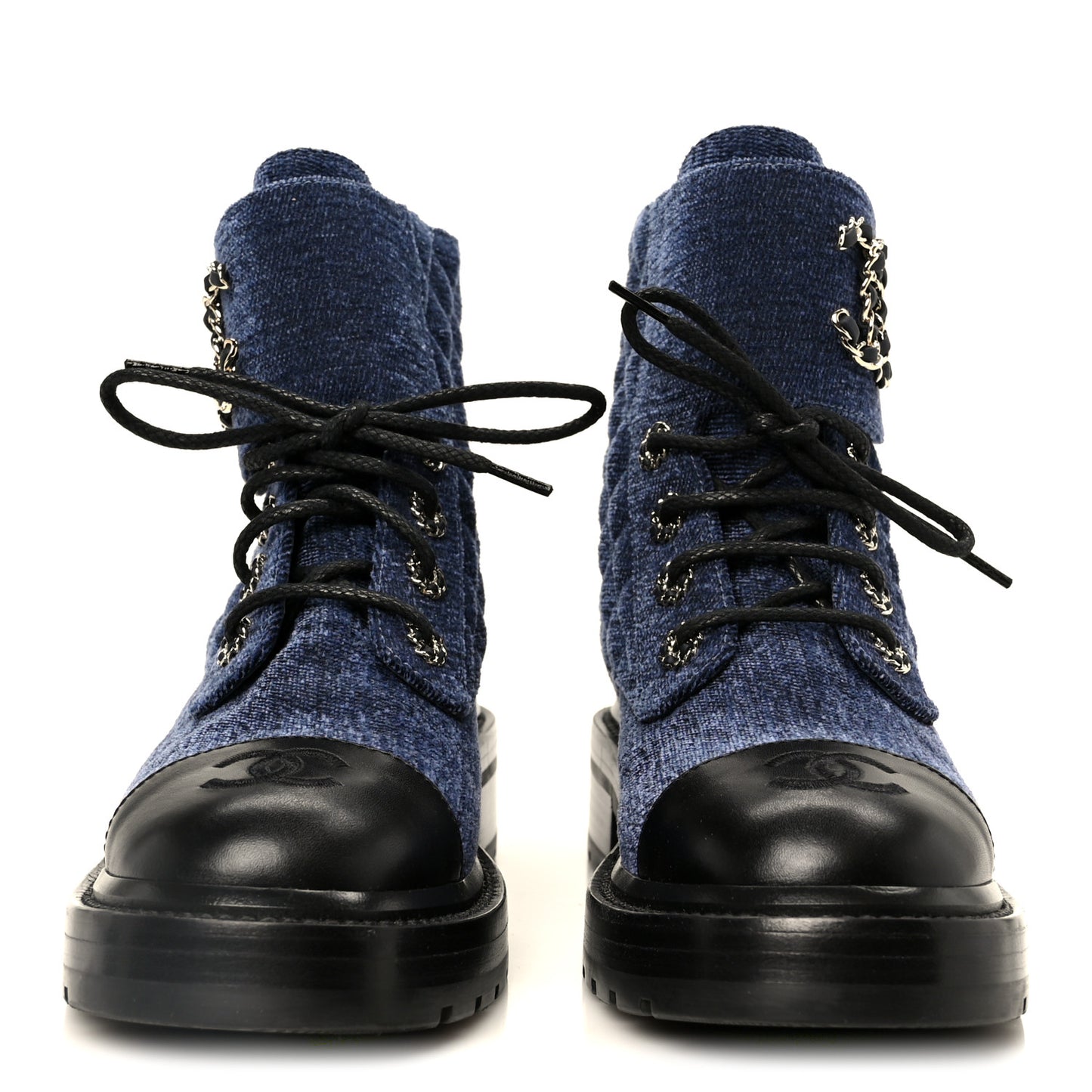 Shiny Calfskin Velvet Quilted Lace Up Combat Boots 37 Blue