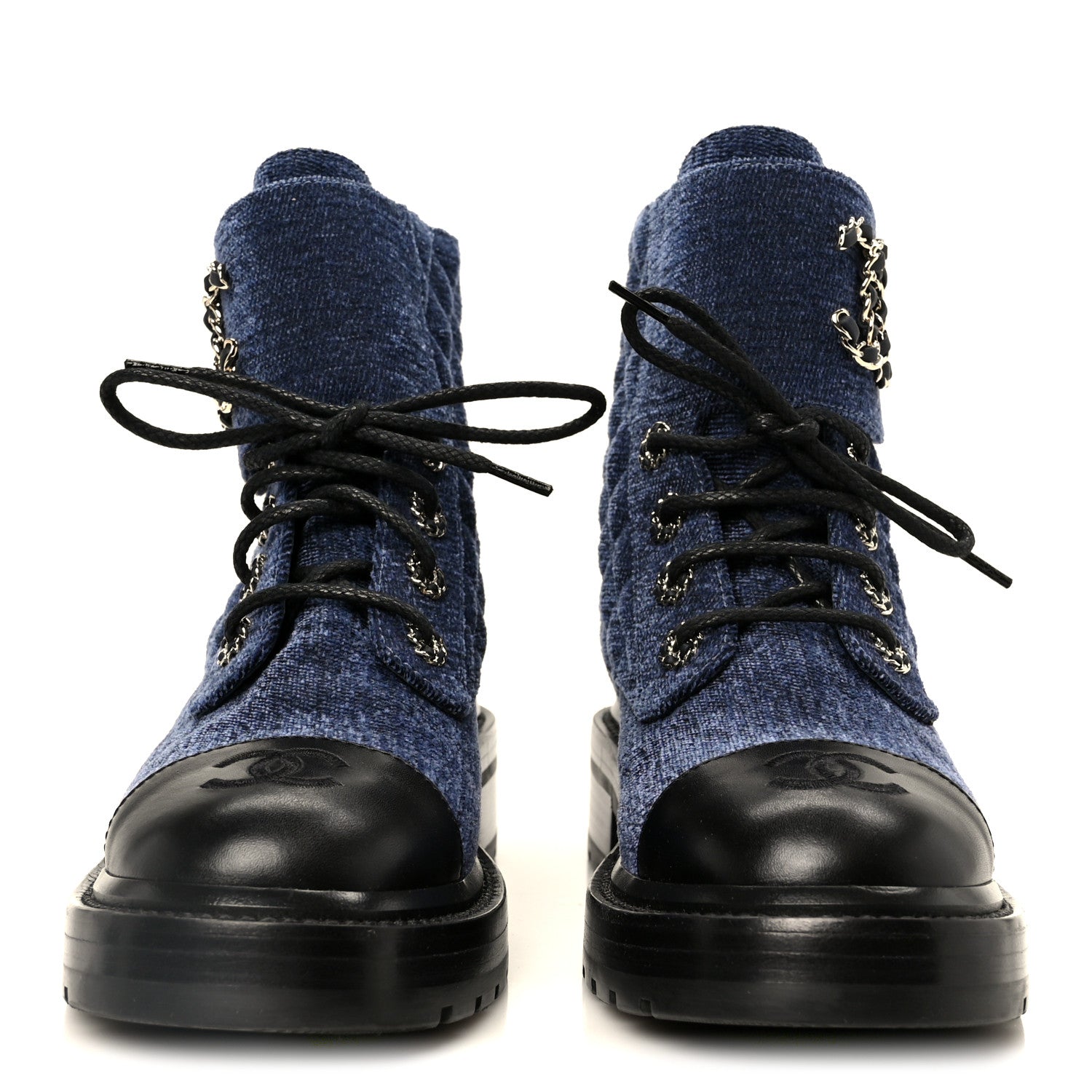 Chanel Shiny Calfskin Velvet Quilted Lace Up Combat Boots 37 Blue 3 of 11