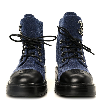 Chanel Shiny Calfskin Velvet Quilted Lace Up Combat Boots 37 Blue 3 of 11