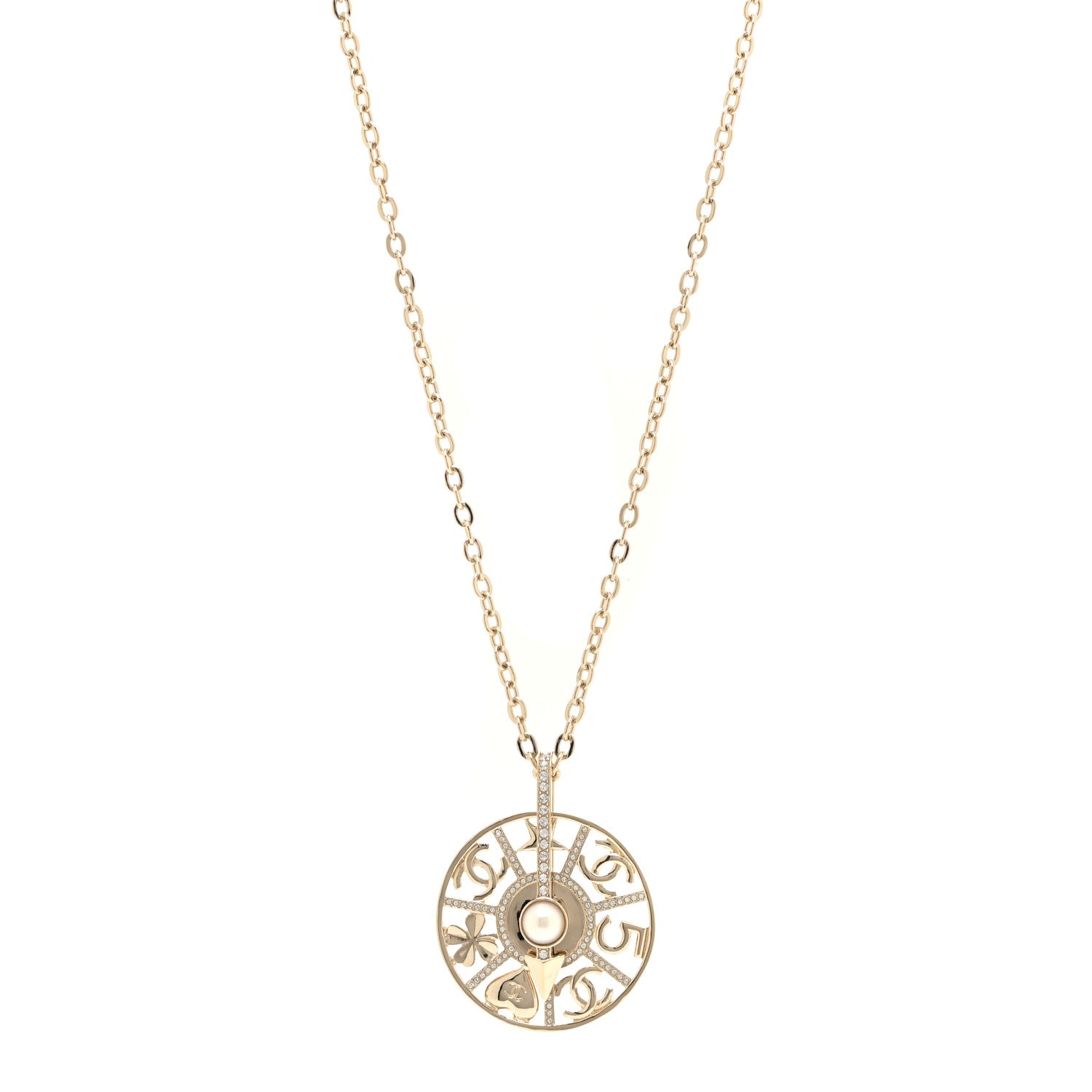 Chanel Crystal Pearl CC Long Pendant Necklace Gold 1 of 5
