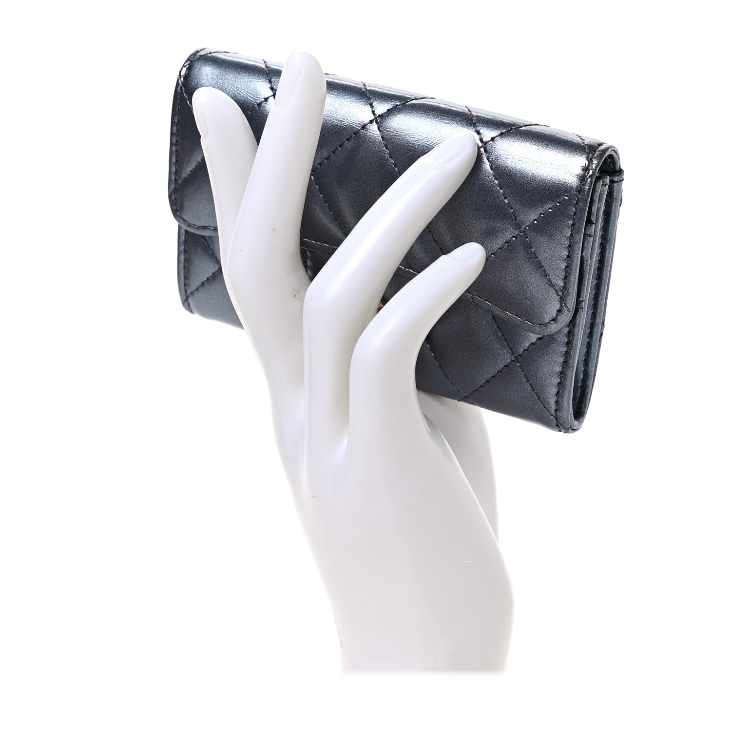 Chanel Metallic Lambskin Quilted Flap Card Holder Wallet Dark Blue 2 of 7