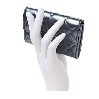 Chanel Metallic Lambskin Quilted Flap Card Holder Wallet Dark Blue 2 of 7