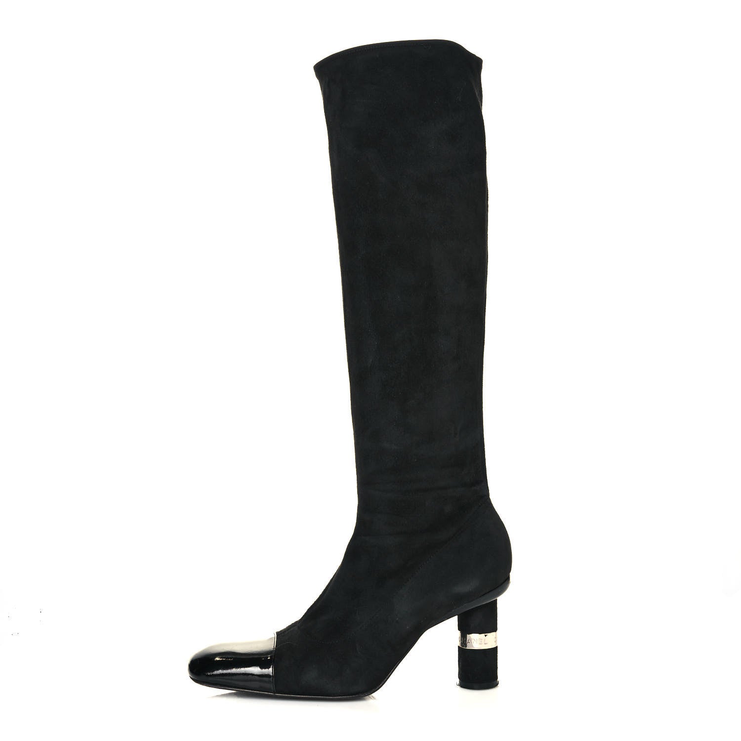 Chanel Suede Calfskin Patent CC Cap Toe Knee High Boots 39.5 Black 1 of 8