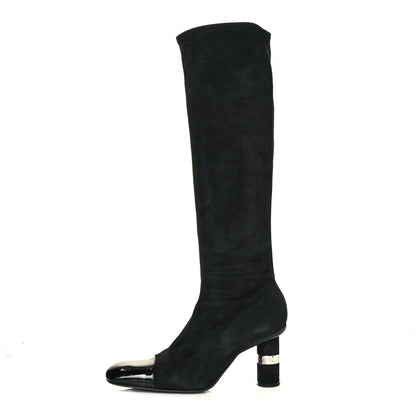 Chanel Suede Calfskin Patent CC Cap Toe Knee High Boots 39.5 Black 1 of 8