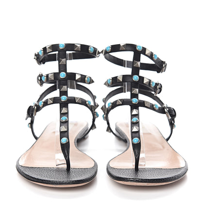 Valentino Garavani Pebbled Calfskin Rockstud Rolling Ankle Wrap Flat Thong Sandals 39.5 Black 2 of 8