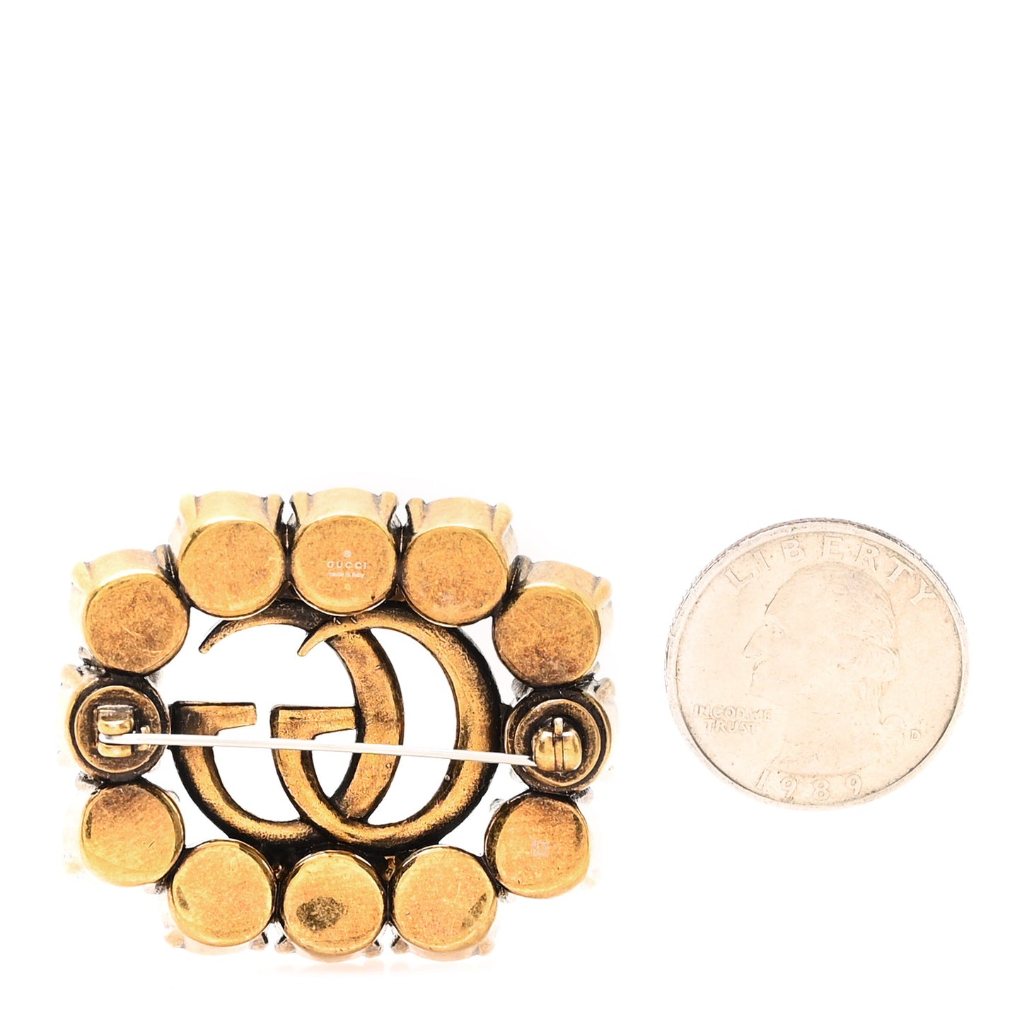 Metal Crystal Double G Brooch Aged Gold