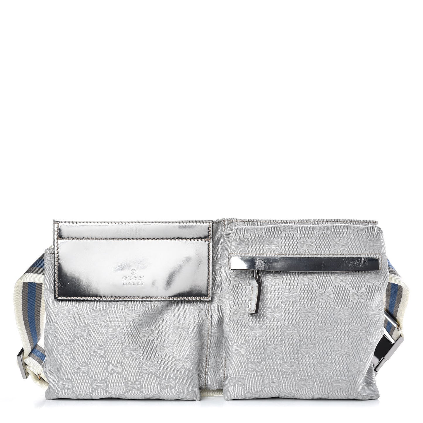 GG Monogram Web Double Pocket Belt Bag Silver
